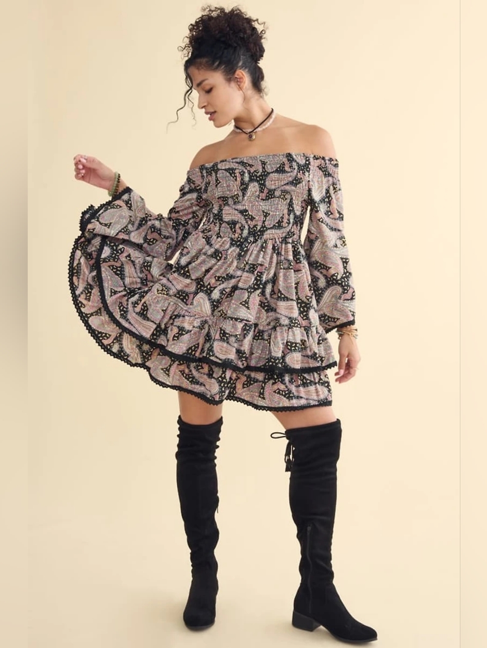 EARTHBOUND Boho Off-Shoulder Paisley Mini Dress - Pink on Black